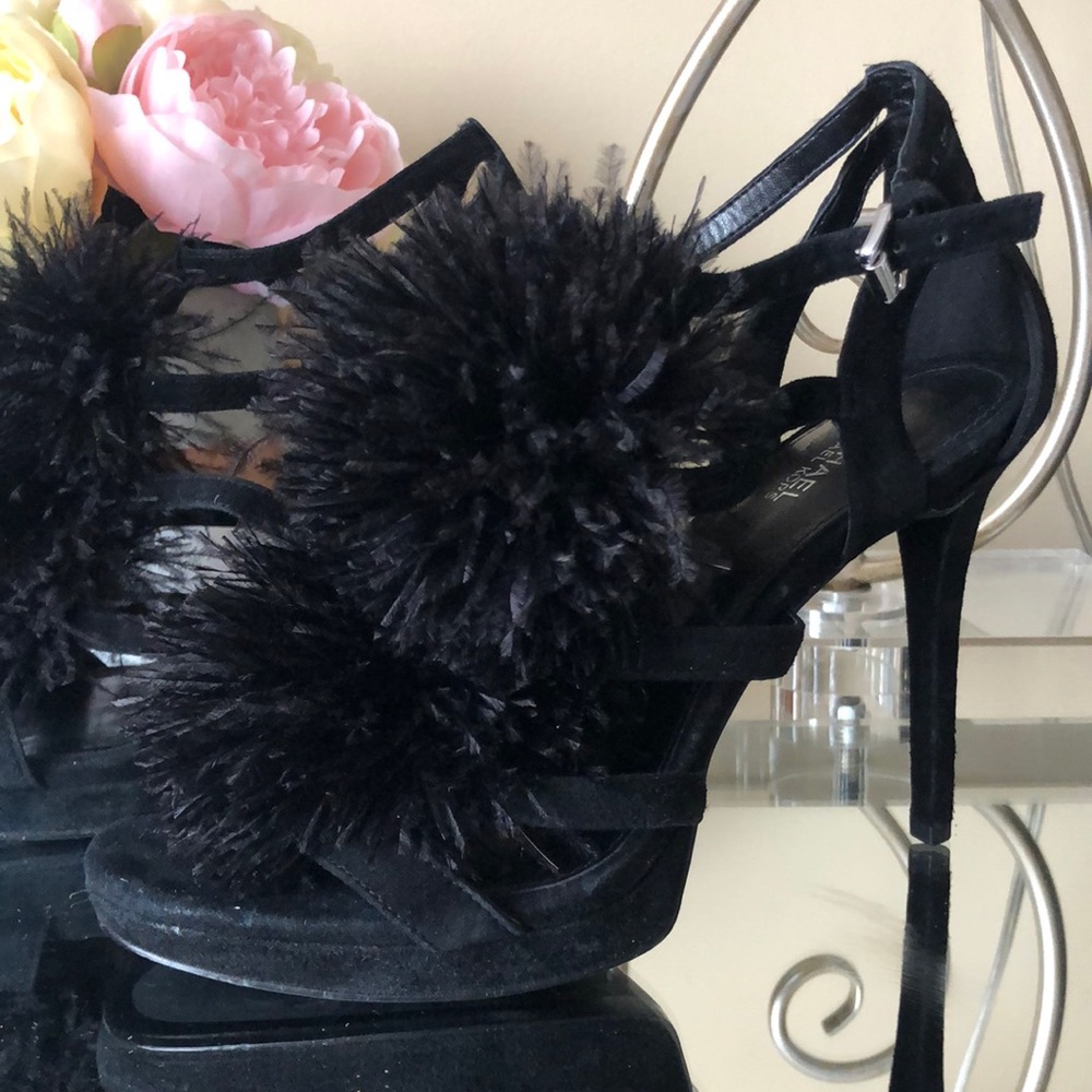 MICHAEL KORS Black Suede Feather Pom Pom Heels - Picture 3 of 15